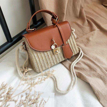 Tajade Messenger PU Leather Strap Hand Lock Chain Square Straw Bag